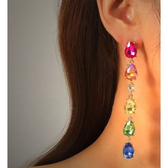 Long Raindrop Shaped Colored Rhinestones 3.86" Earrings - Picture 1 of 8